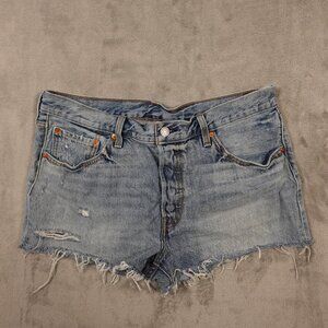 Levi's 501 Cutoff denim shorts women's 33 blue button fly red tab 2 1/2" inseam